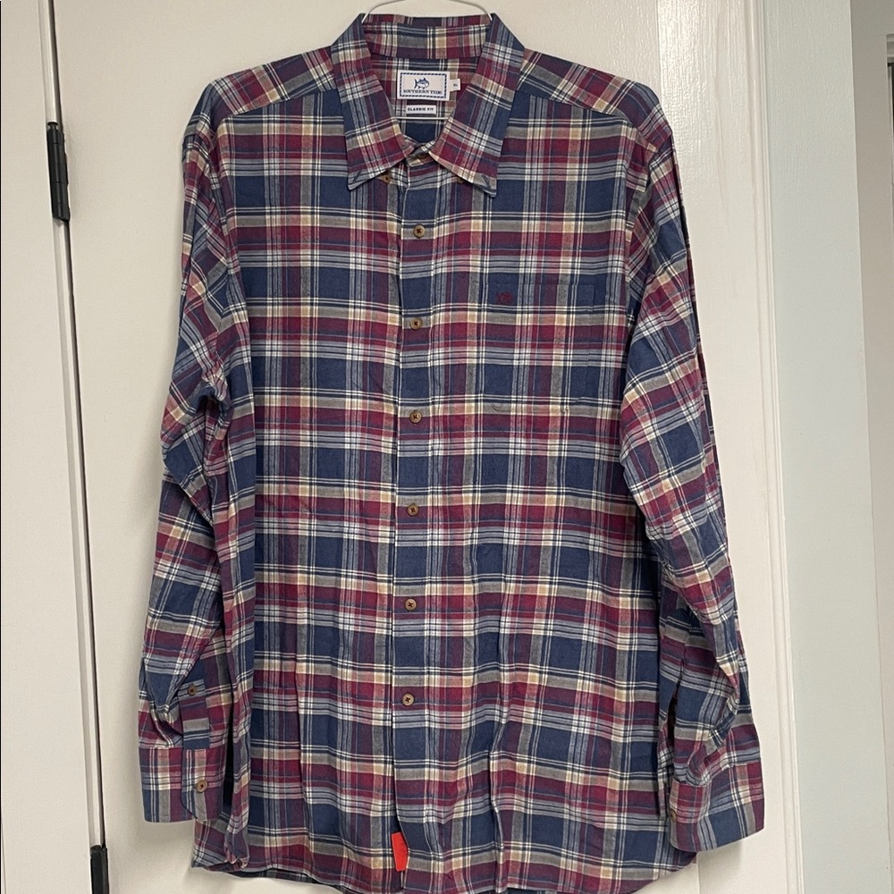 Southern Tide Classic Fit Plaid Shirt in Red, Blue, and Cream